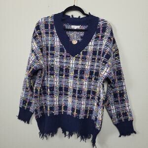 Main Strip‎ Womens Multicolor V Neck Long Sleeve Raw Hem Pullover Sweater Size L